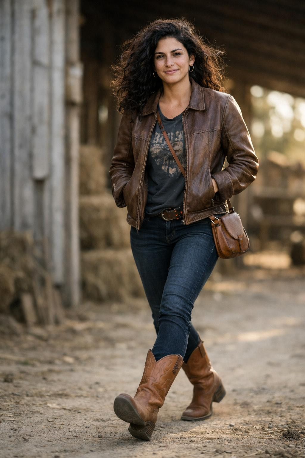 Cowboy boots outfit with distressed leather jacket and classic tan cowboy boots