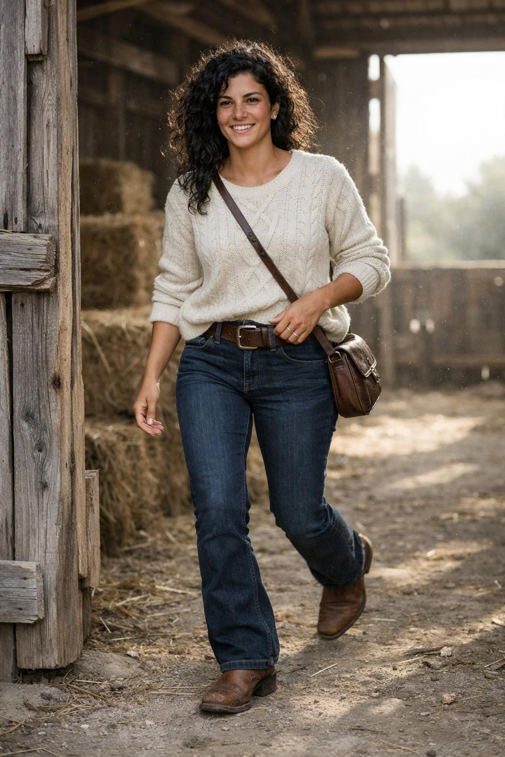 Cowboy boots outfit with cream cable-knit sweater and cognac boots