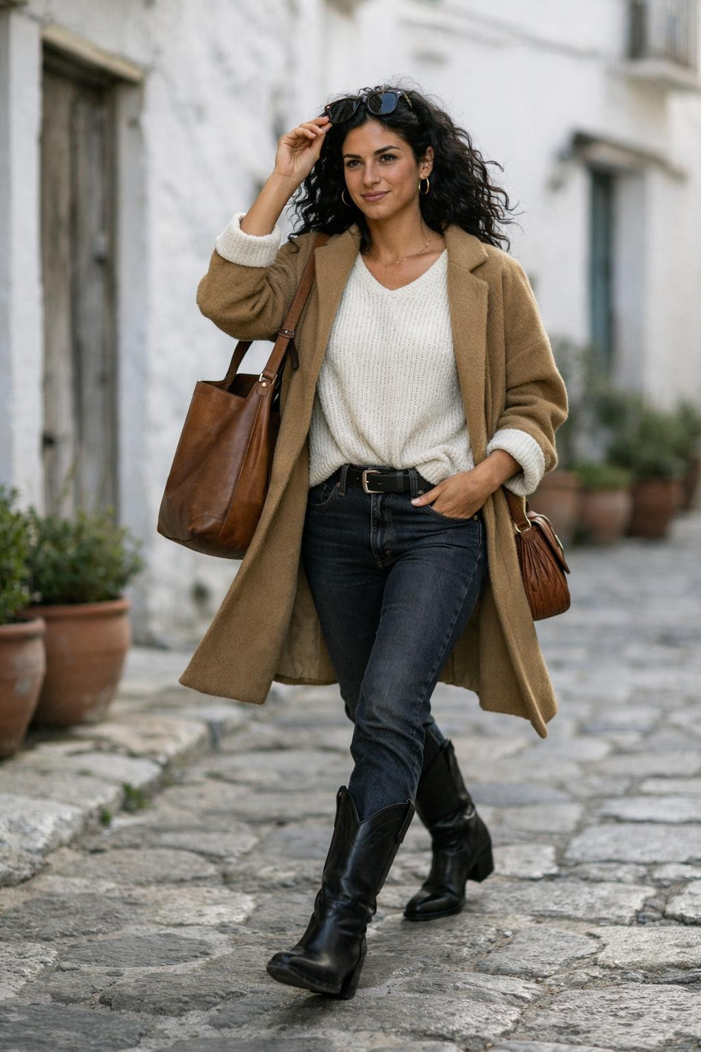 Black cowboy boots outfit with oversized cream knit sweater and camel wool coat