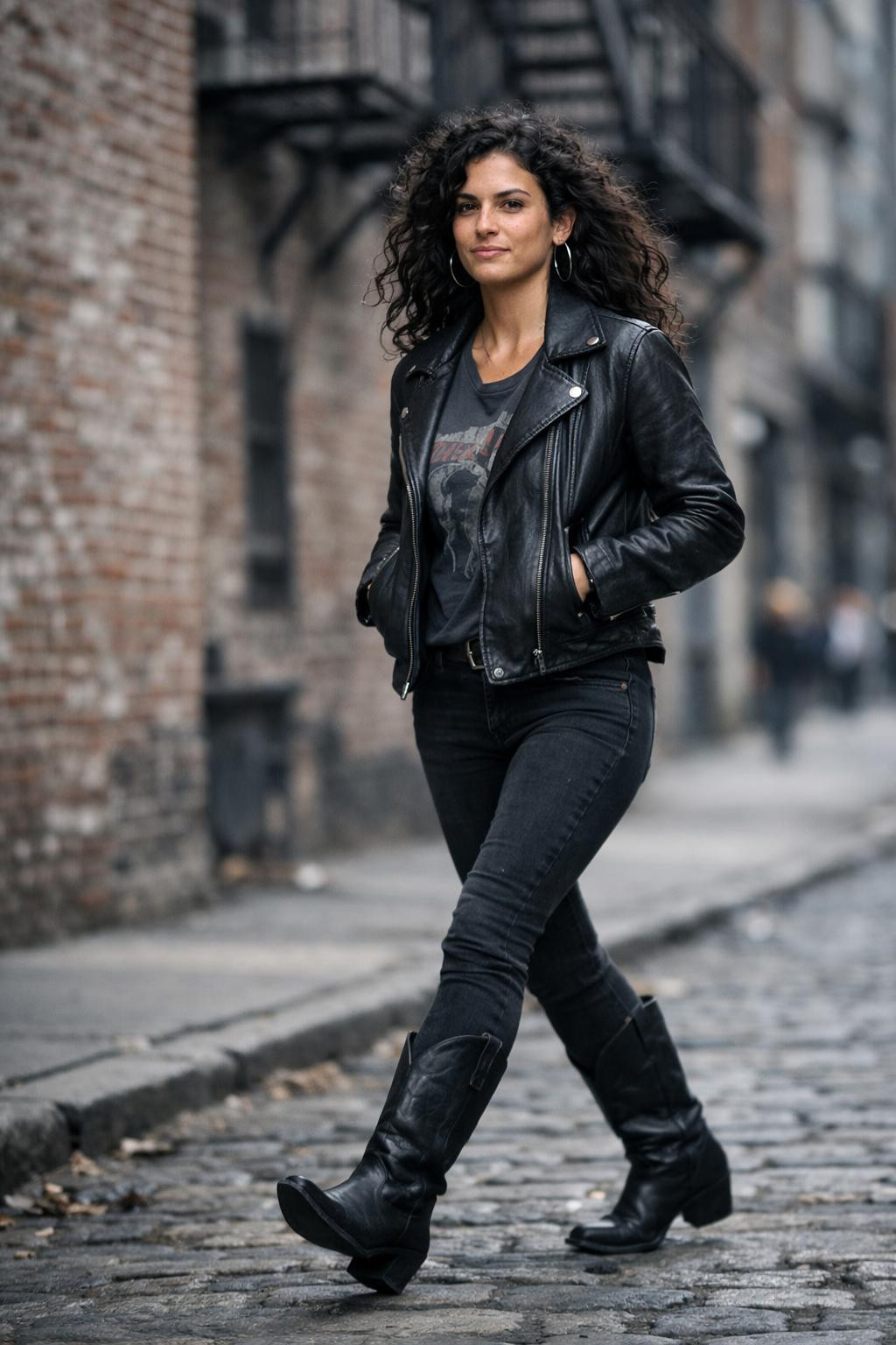 Black cowboy boots outfit with black leather biker jacket and vintage band tee