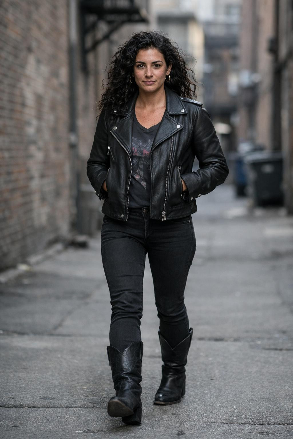 Black cowboy boots outfit with black leather moto jacket and faded band tee