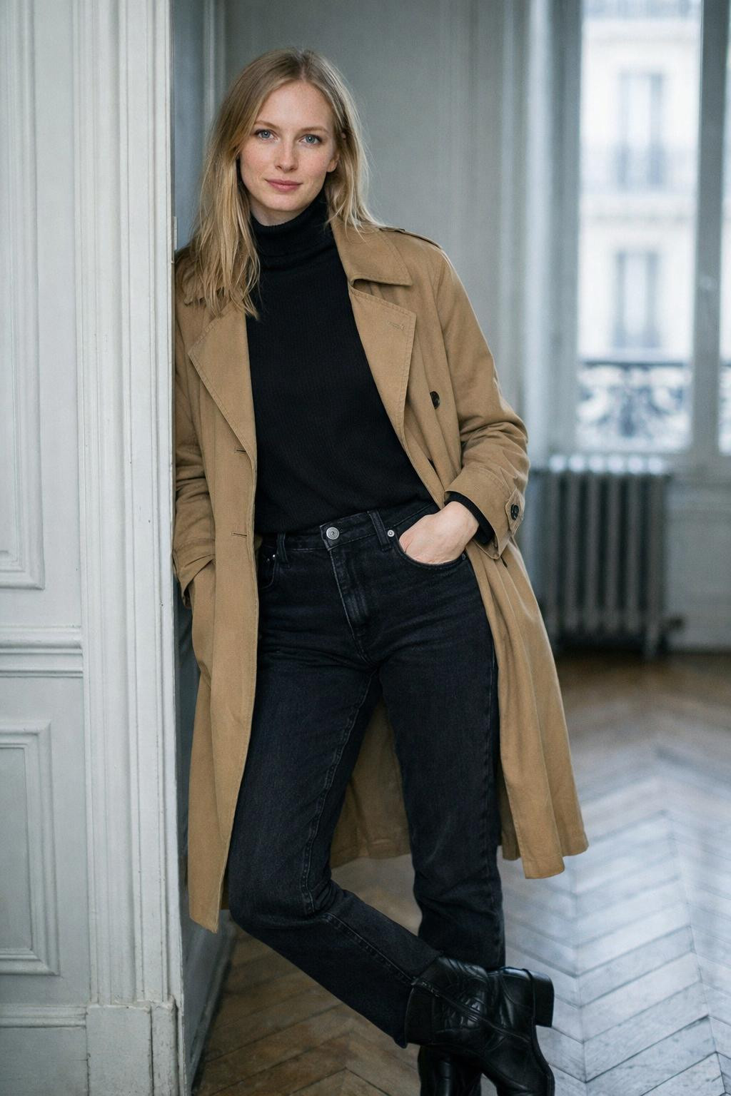 Black cowboy boots outfit with camel trench coat over black turtleneck and jeans