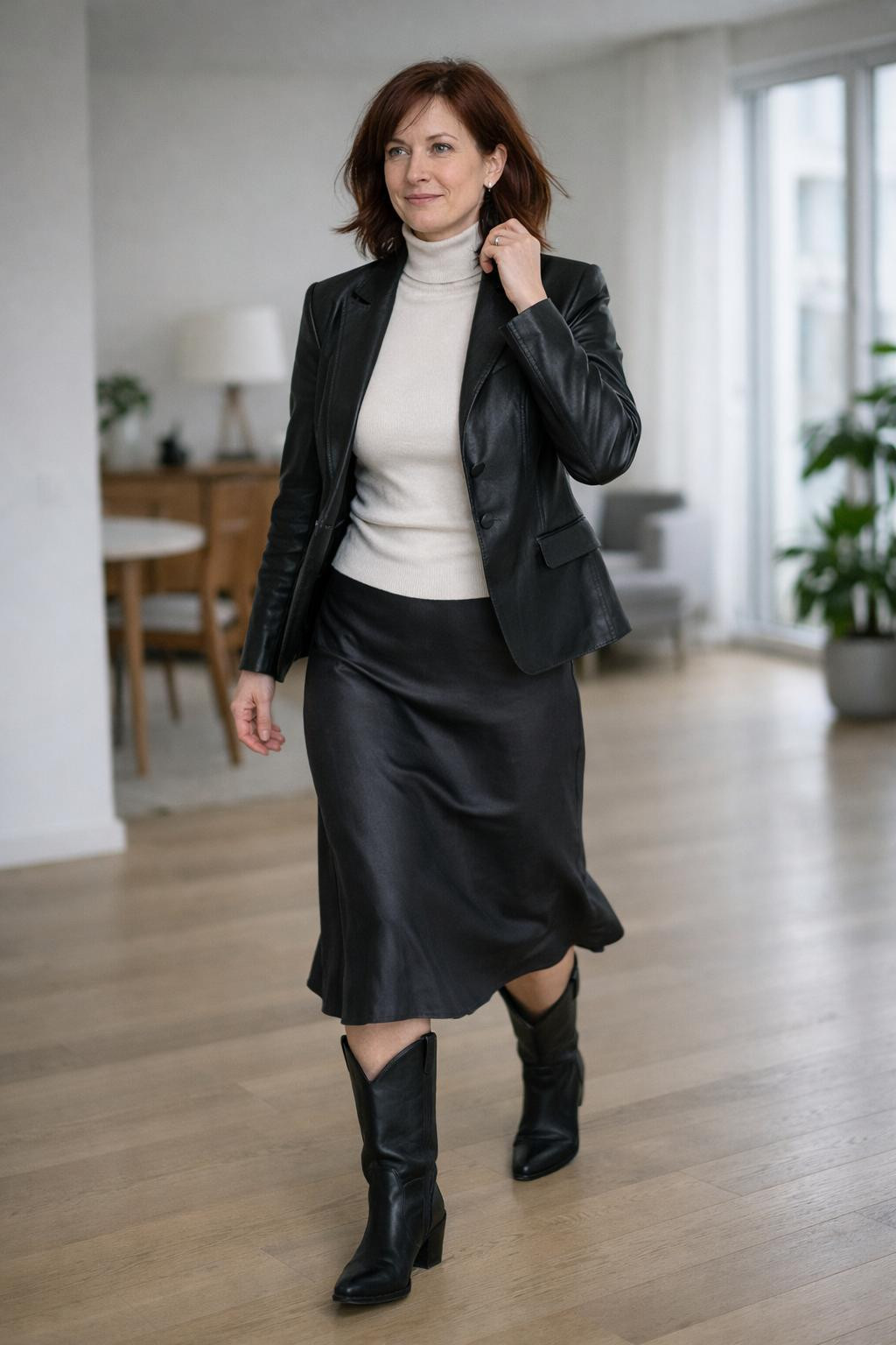 Black cowboy boots outfit with black leather blazer and charcoal midi slip skirt