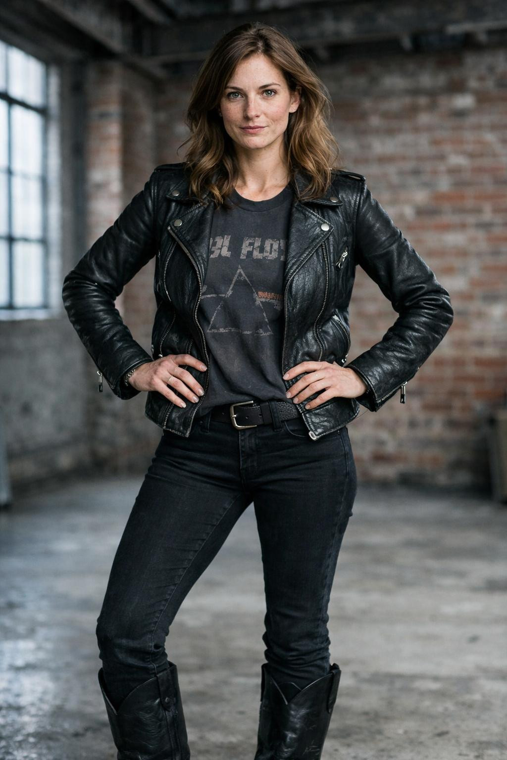 Black cowboy boots outfit with black leather moto jacket and vintage band tee