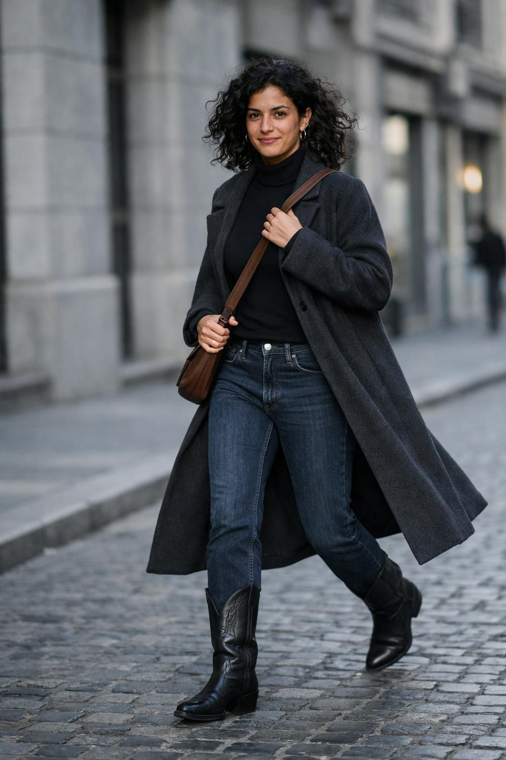 Black cowboy boots outfit with oversized charcoal wool trench and black turtleneck