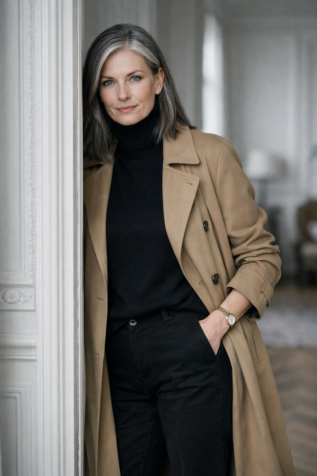 Black cowboy boots outfit with camel trench coat and black turtleneck sweater