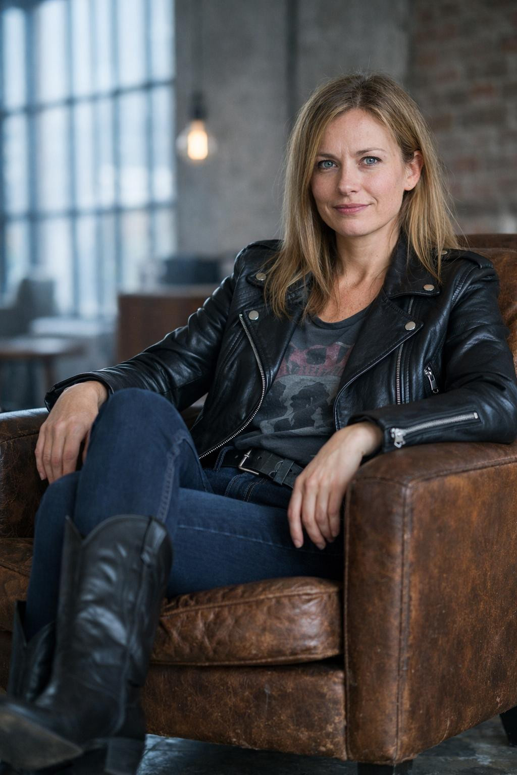 Black cowboy boots outfit with leather moto jacket and faded band tee