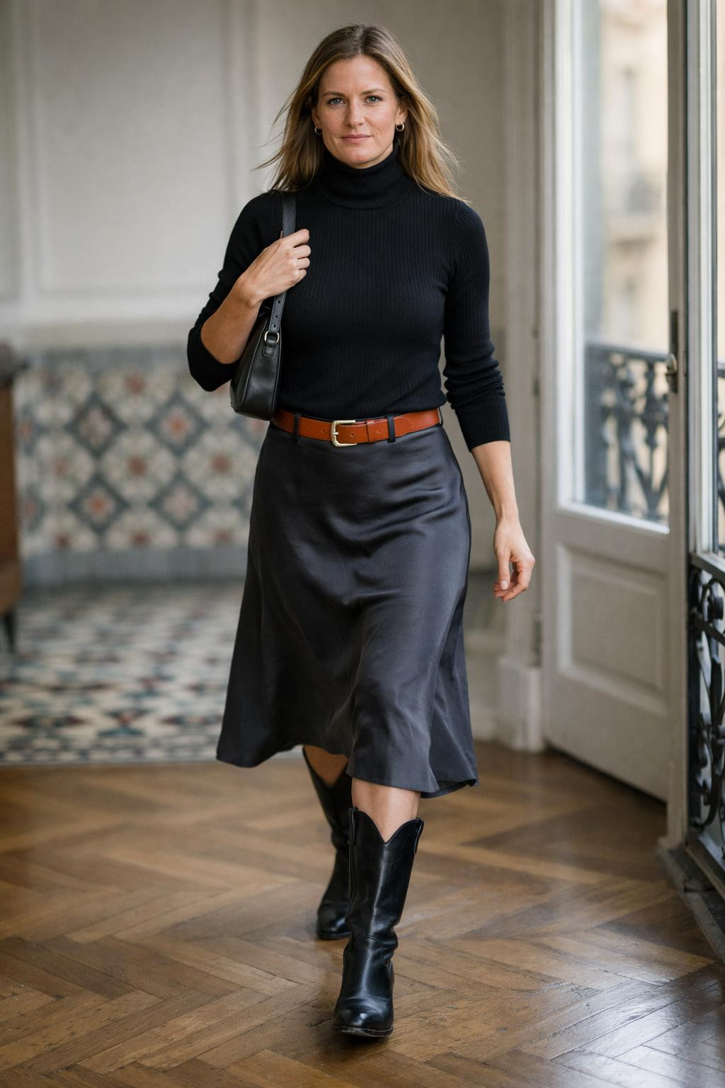 Black cowboy boots outfit with charcoal midi slip skirt and black ribbed turtleneck