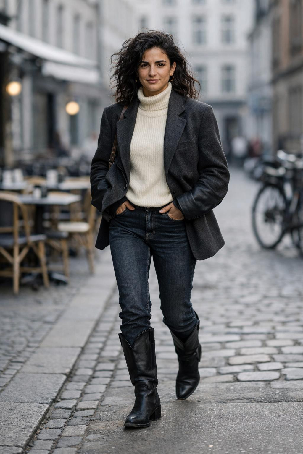 Black cowboy boots outfit with oversized charcoal blazer and cream ribbed turtleneck