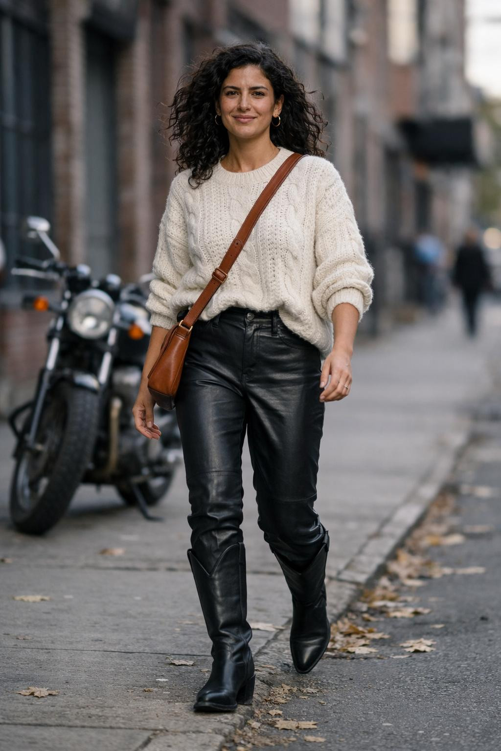 Black cowboy boots outfit with chunky cream cable-knit sweater and leather pants