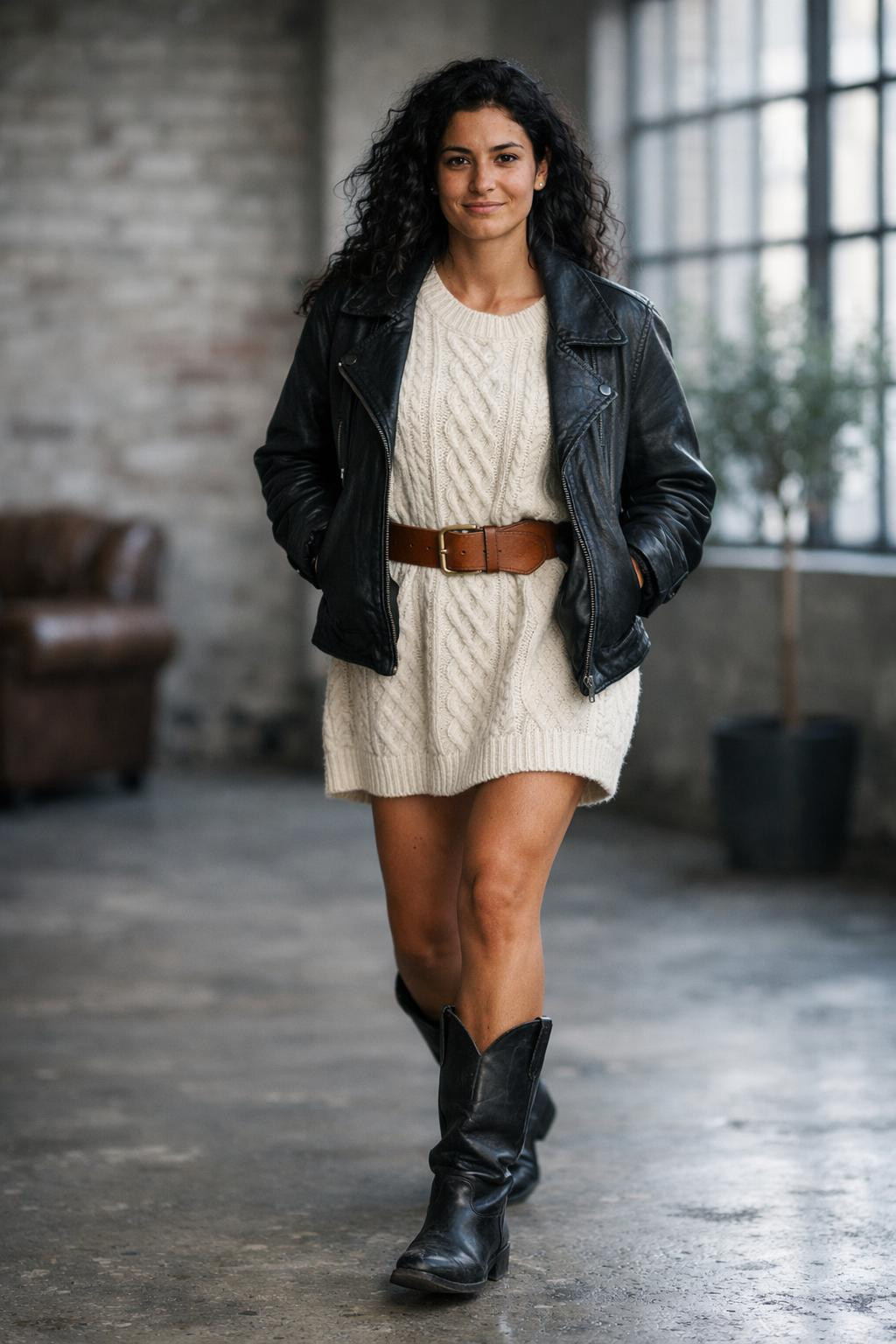Black cowboy boots outfit with oversized chunky cream cable-knit sweater dress