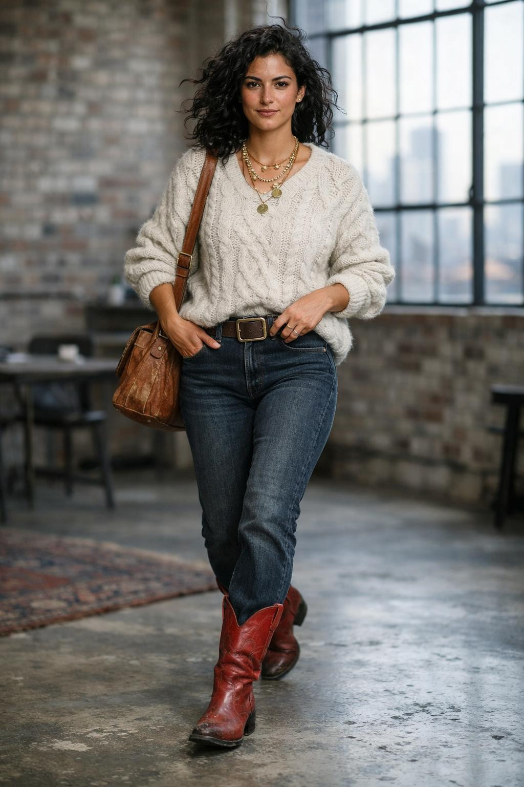Red cowboy boots outfit with oversized cream cable-knit sweater and bootcut jeans