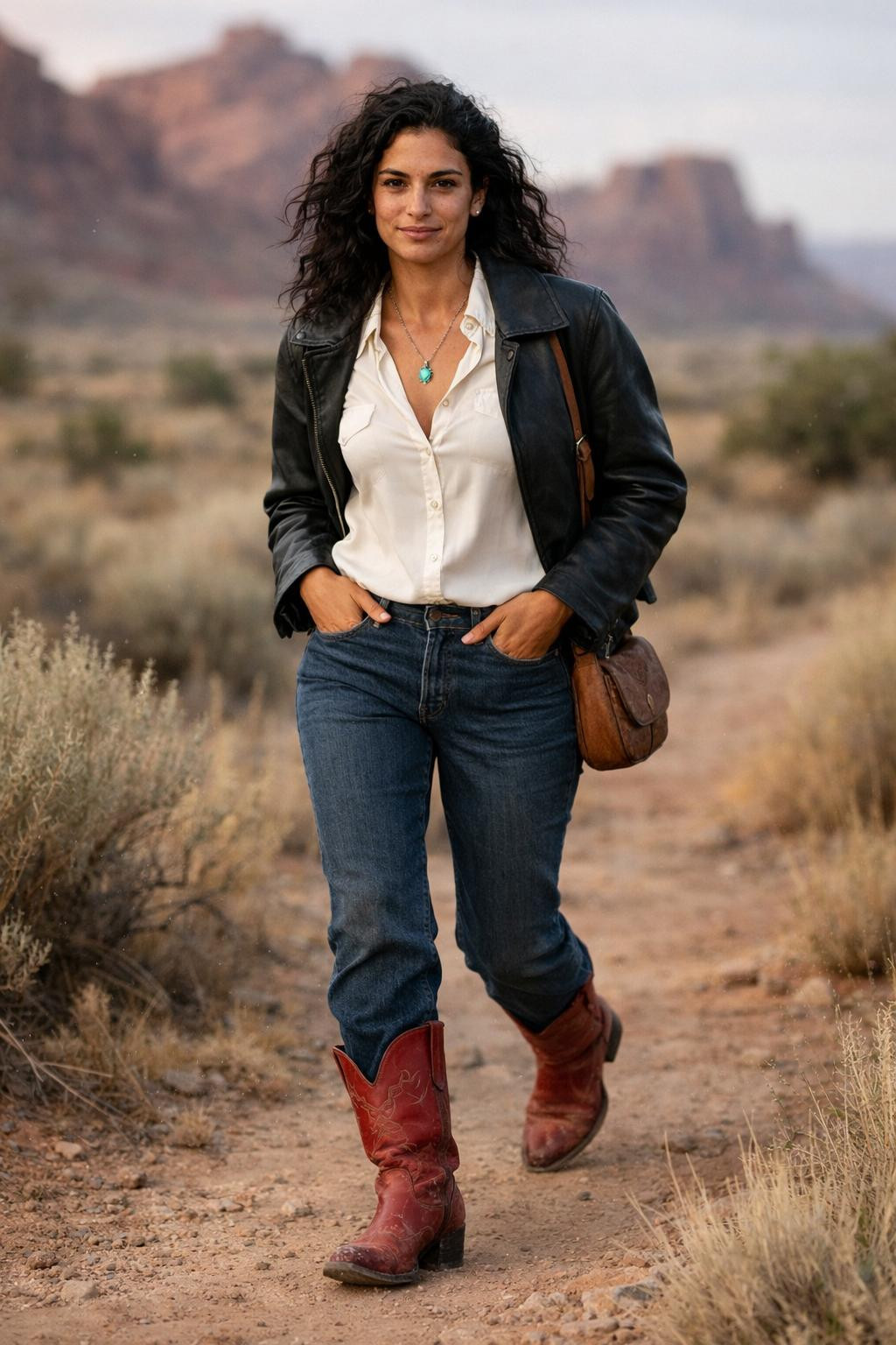 Red cowboy boots outfit with Equipment silk blouse and Schott leather jacket