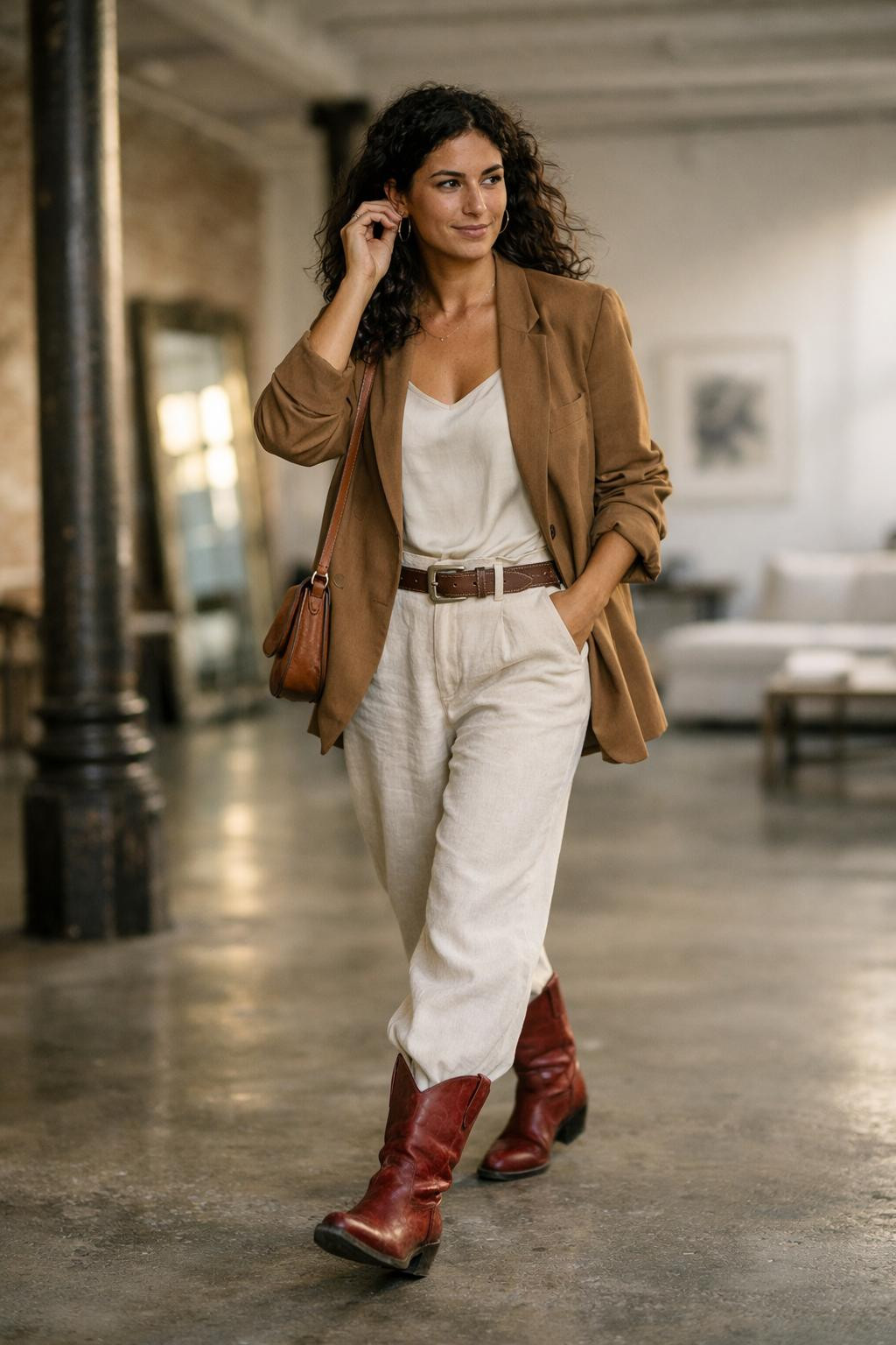 Red cowboy boots outfit with cream linen wide-leg trousers and camel blazer