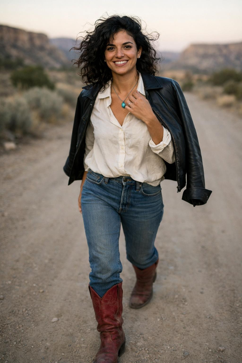 Red cowboy boots outfit with ivory silk blouse and black leather jacket