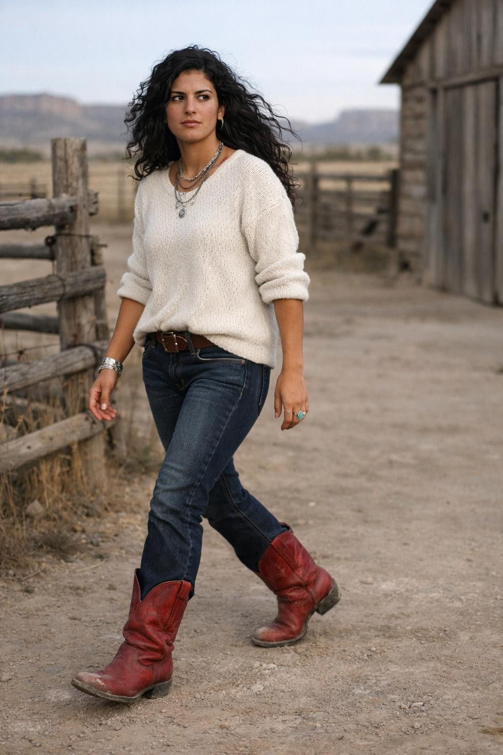 Red cowboy boots outfit with cream knit sweater and bootcut jeans