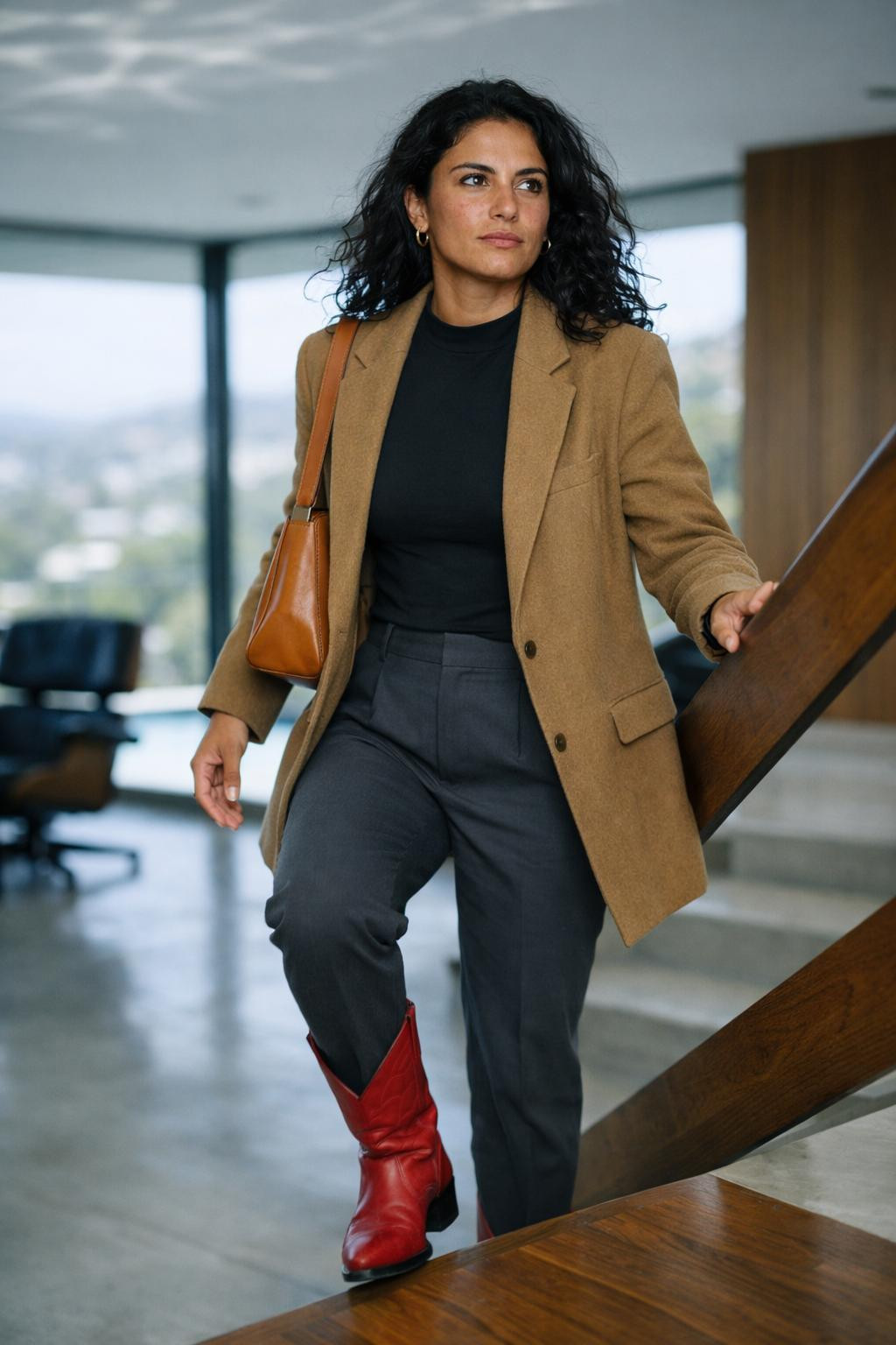Red cowboy boots outfit with camel wool blazer and black bodysuit