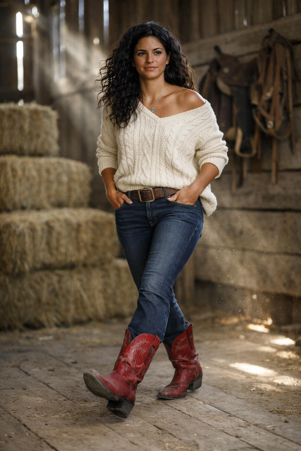 Red cowboy boots outfit with cream cable-knit sweater and dark wash denim