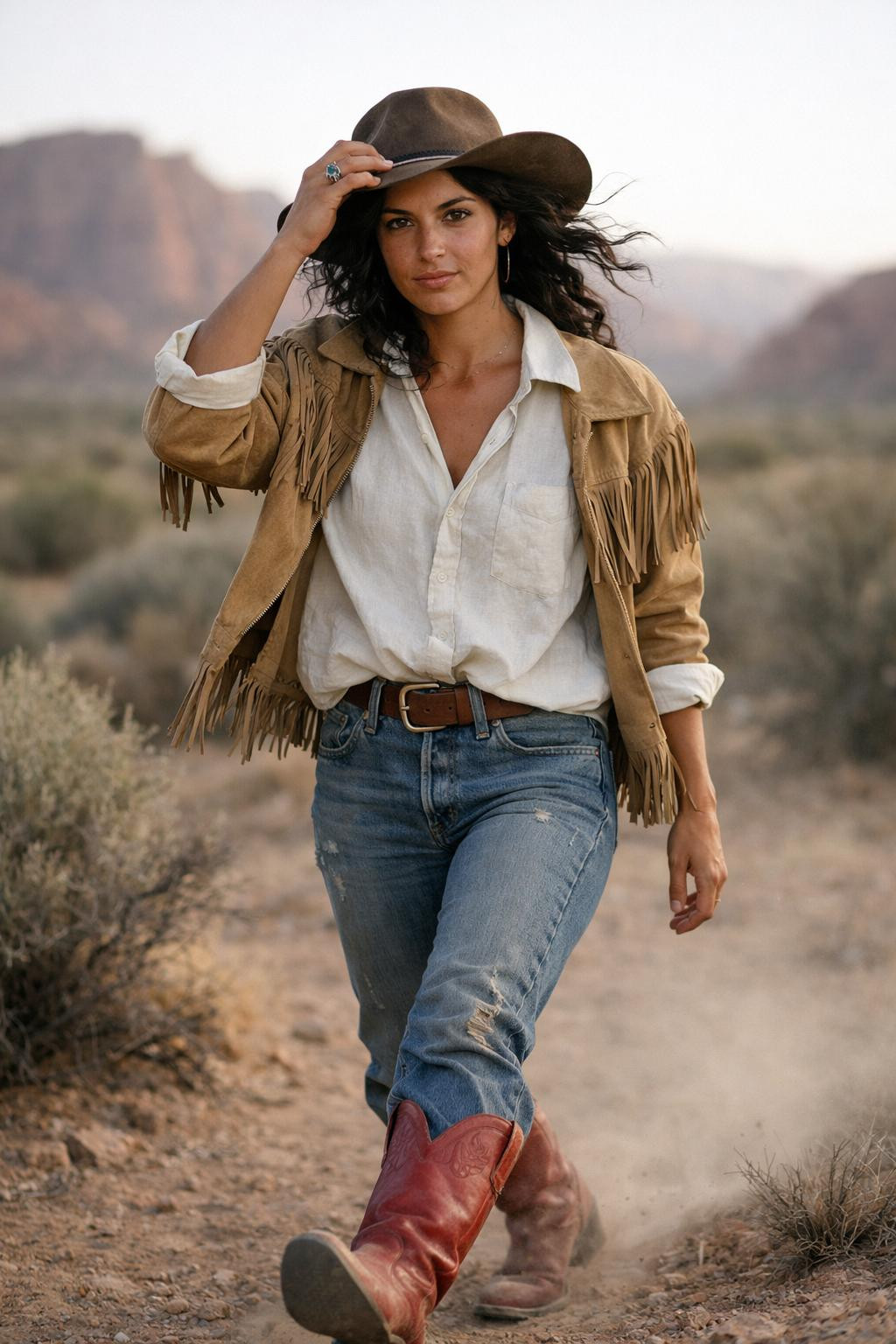 Red cowboy boots outfit with Levi's denim jeans and tan suede fringe jacket
