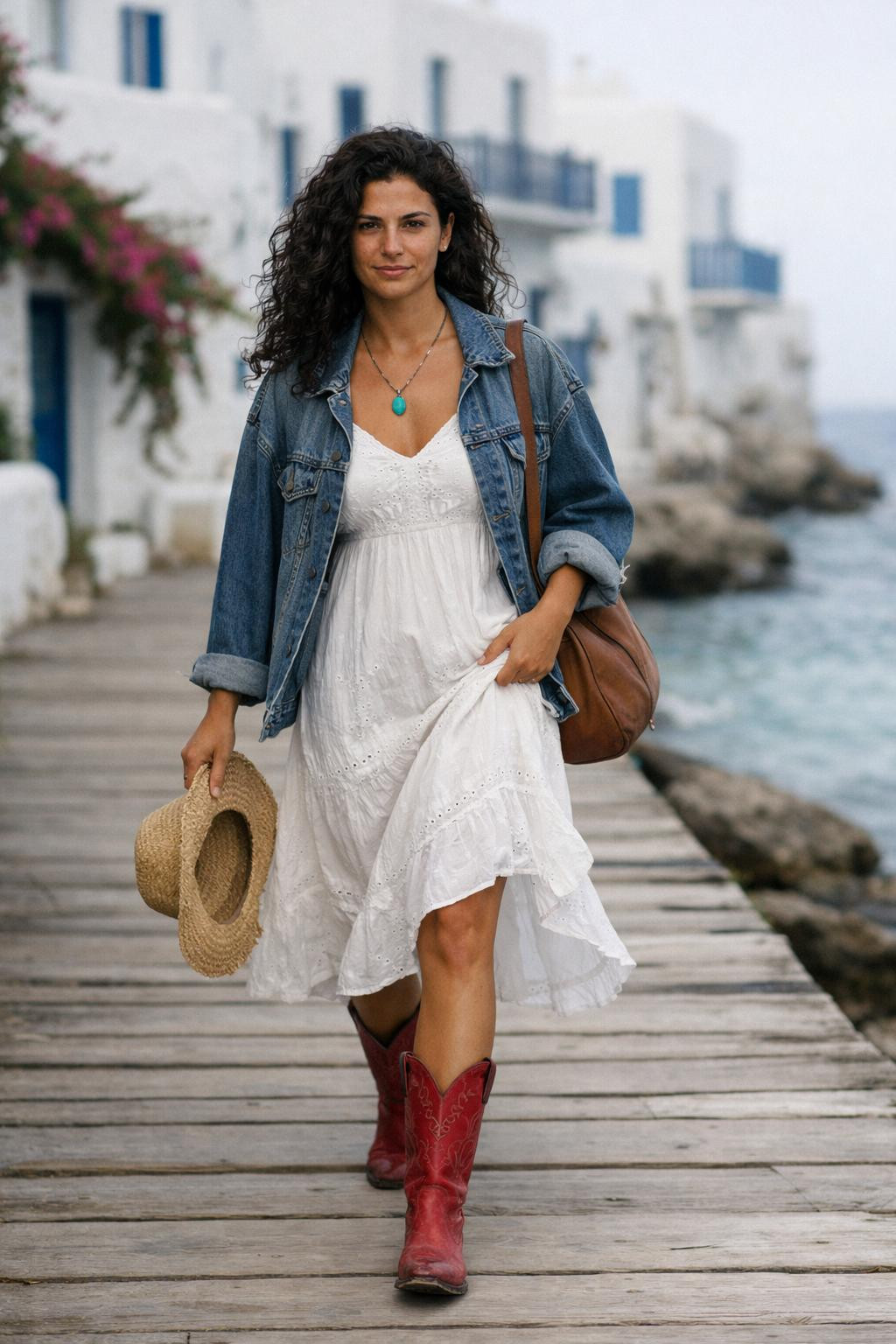 Red cowboy boots outfit with flowing white cotton midi dress and denim jacket