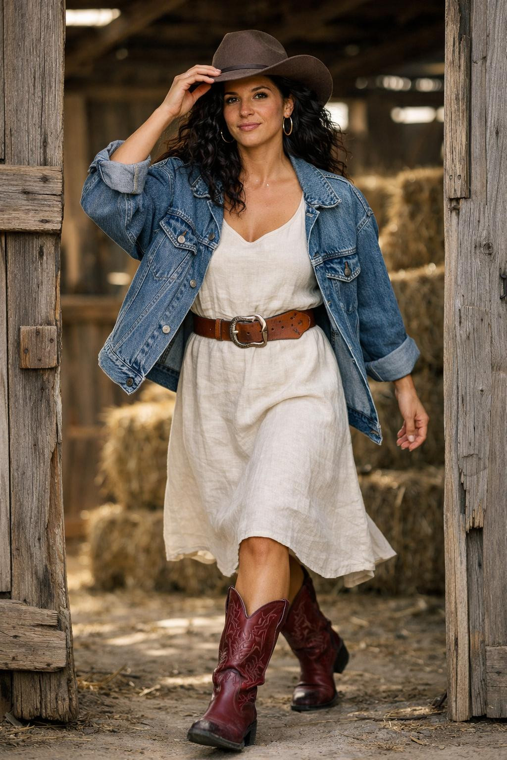 Red cowboy boots outfit with cream linen midi dress and denim jacket