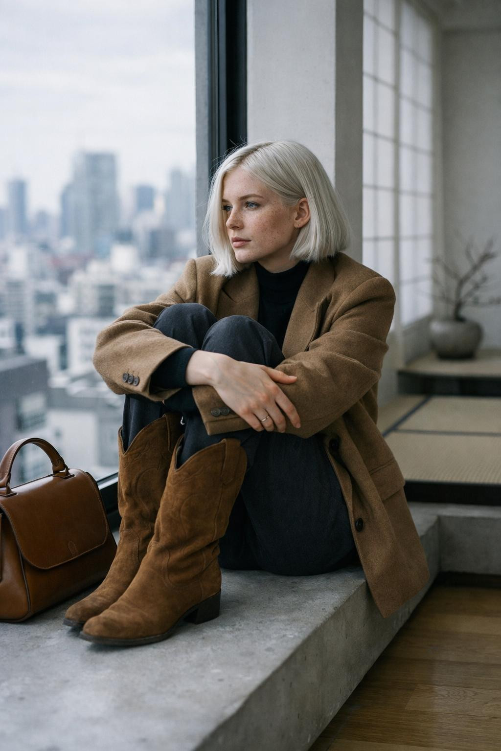 Brown cowboy boots outfit with brown suede boots and charcoal trousers
