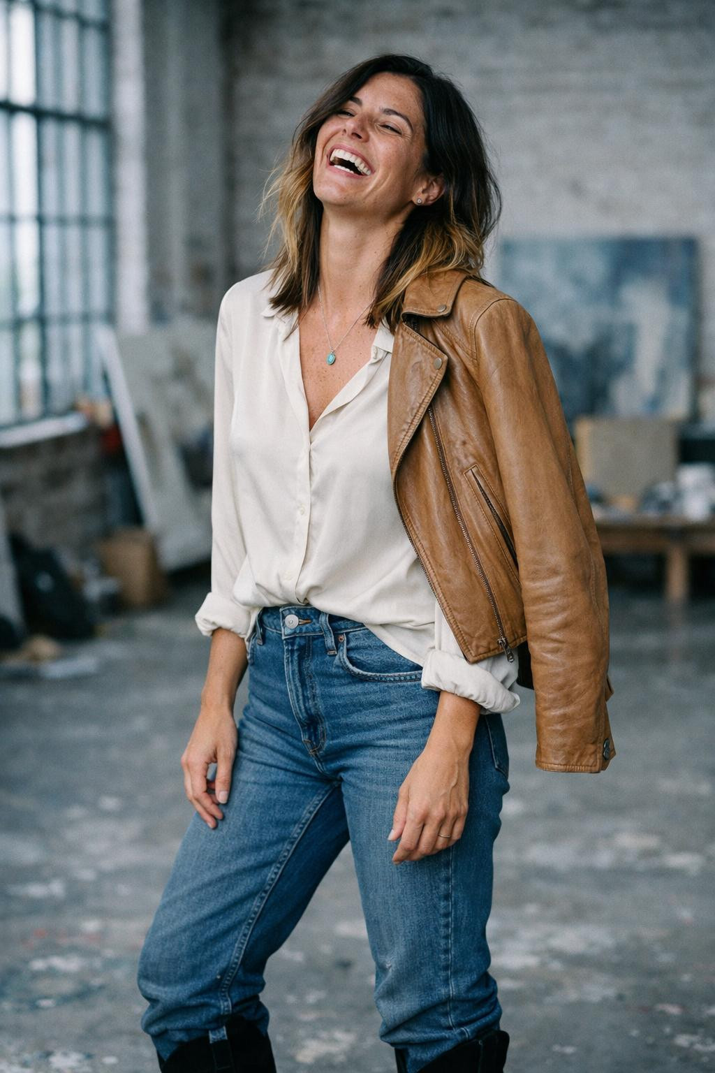 Brown cowboy boots outfit with high black suede Isabel Marant boots and ivory silk blouse