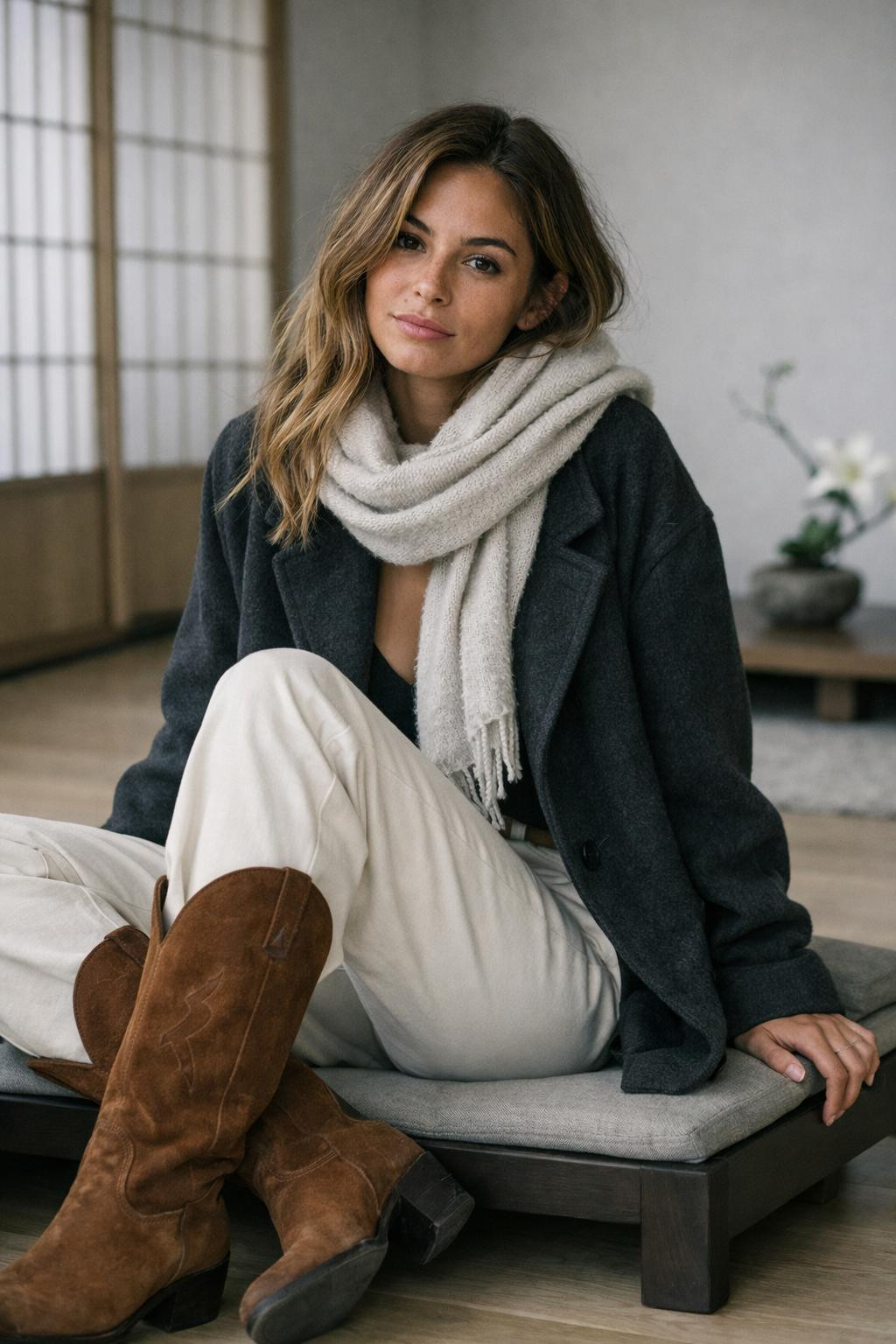 Brown cowboy boots outfit with brown suede boots and wide-leg cream trousers