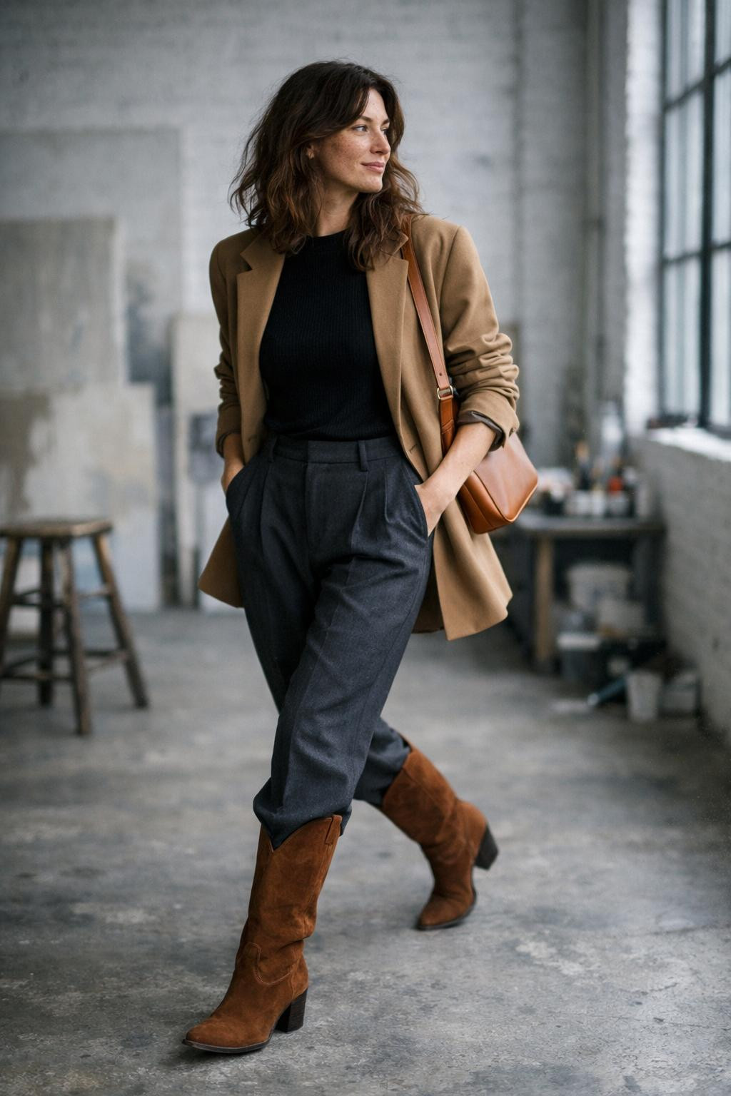 Brown cowboy boots outfit with brown suede boots and charcoal wool trousers
