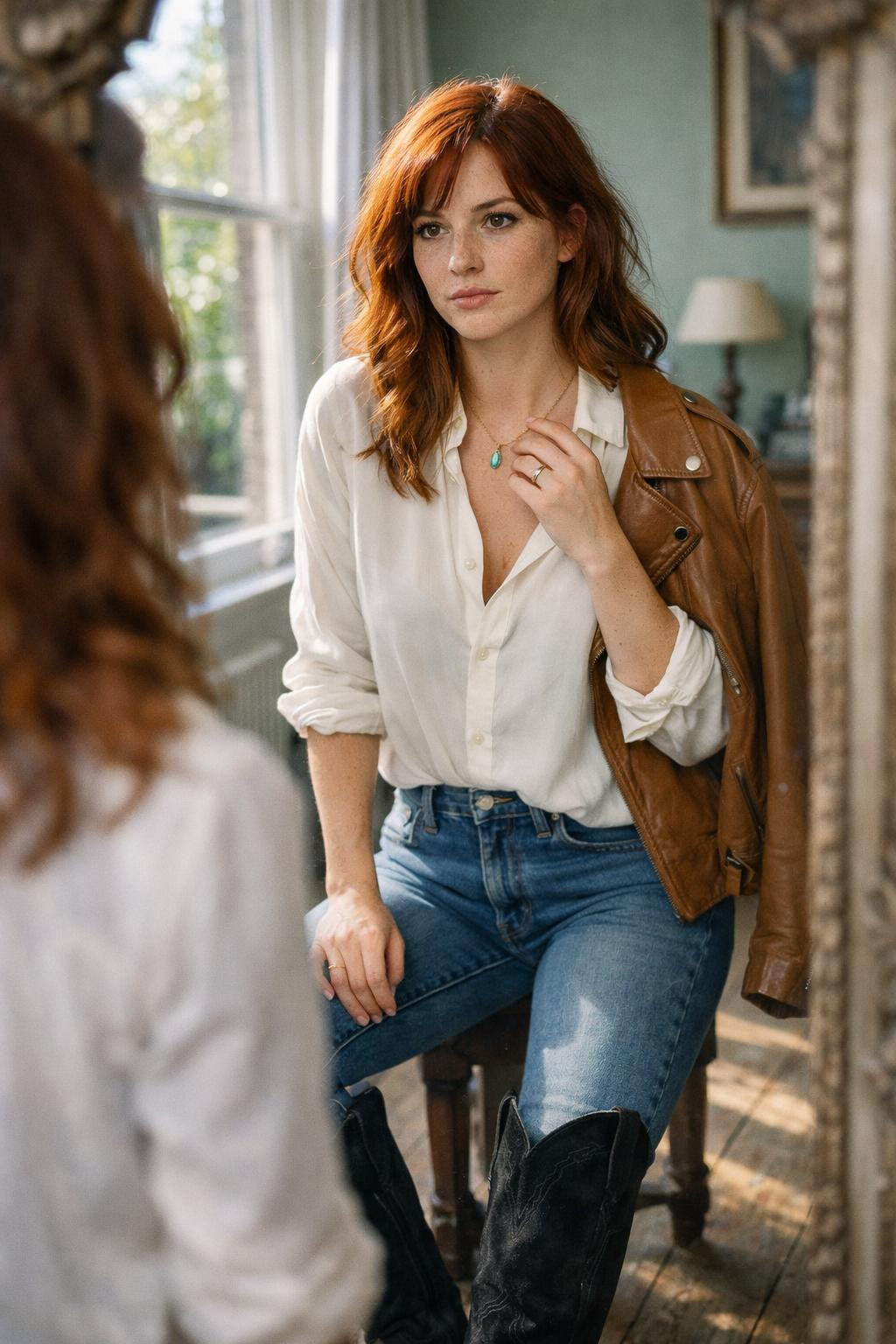 Brown cowboy boots outfit with black suede Isabel Marant boots and ivory silk blouse