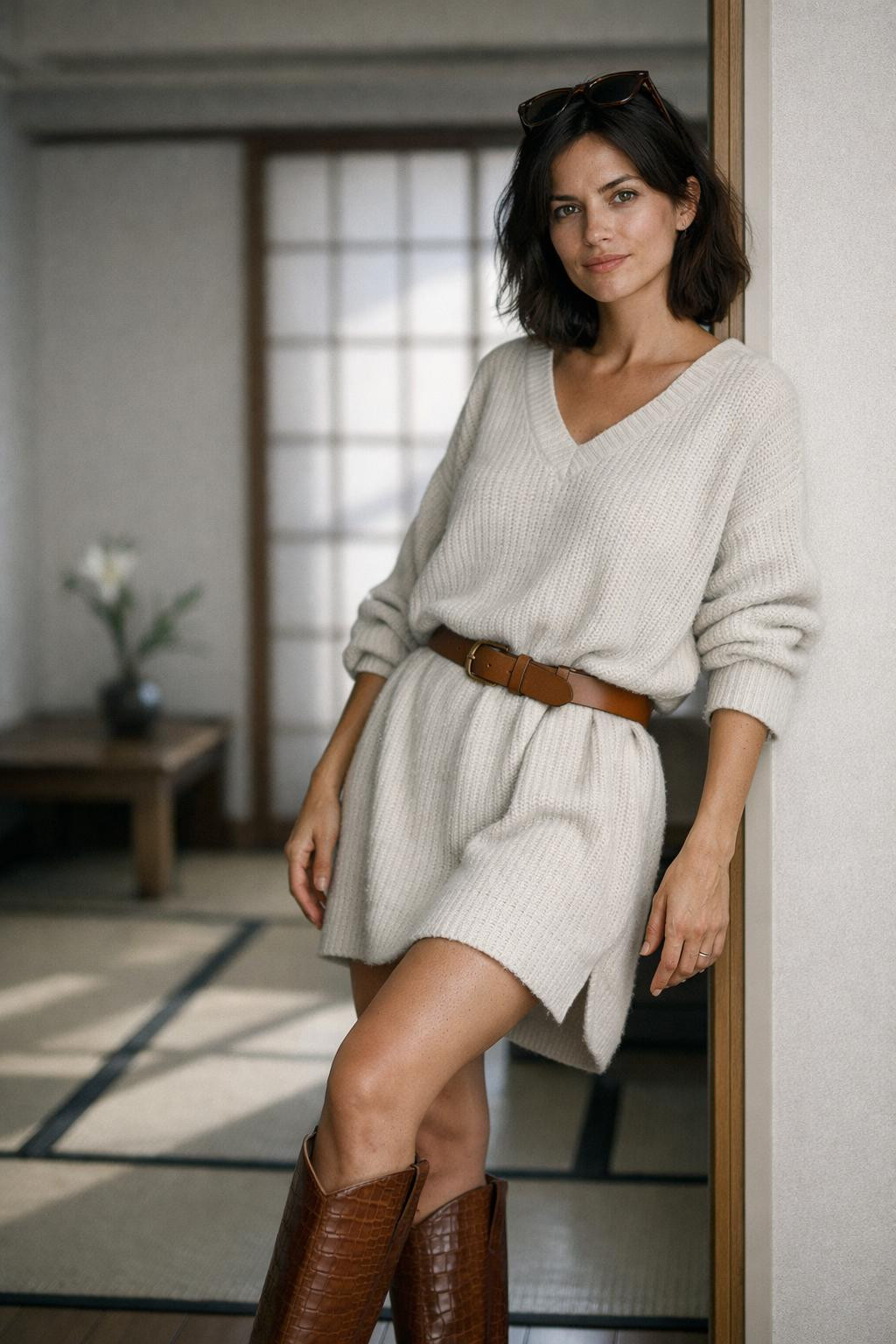 Brown cowboy boots outfit with cognac croc-embossed knee-high boots and cream knit sweater dress