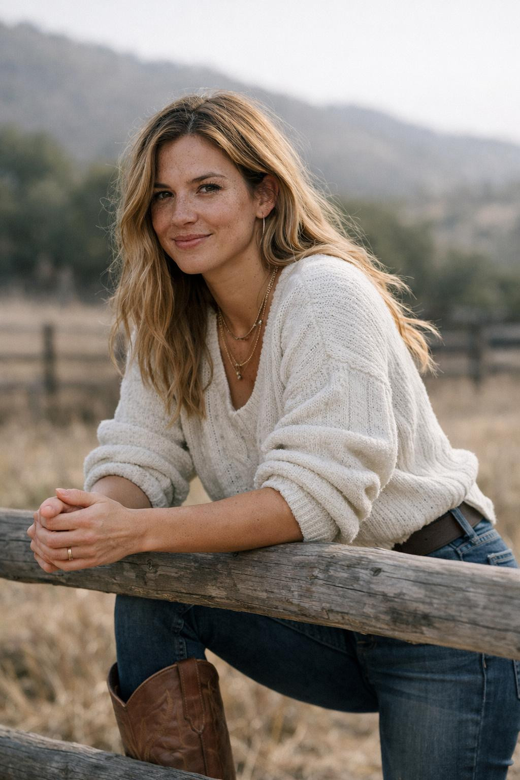 Brown cowboy boots outfit with cognac leather cowboy boots and cream cable-knit sweater