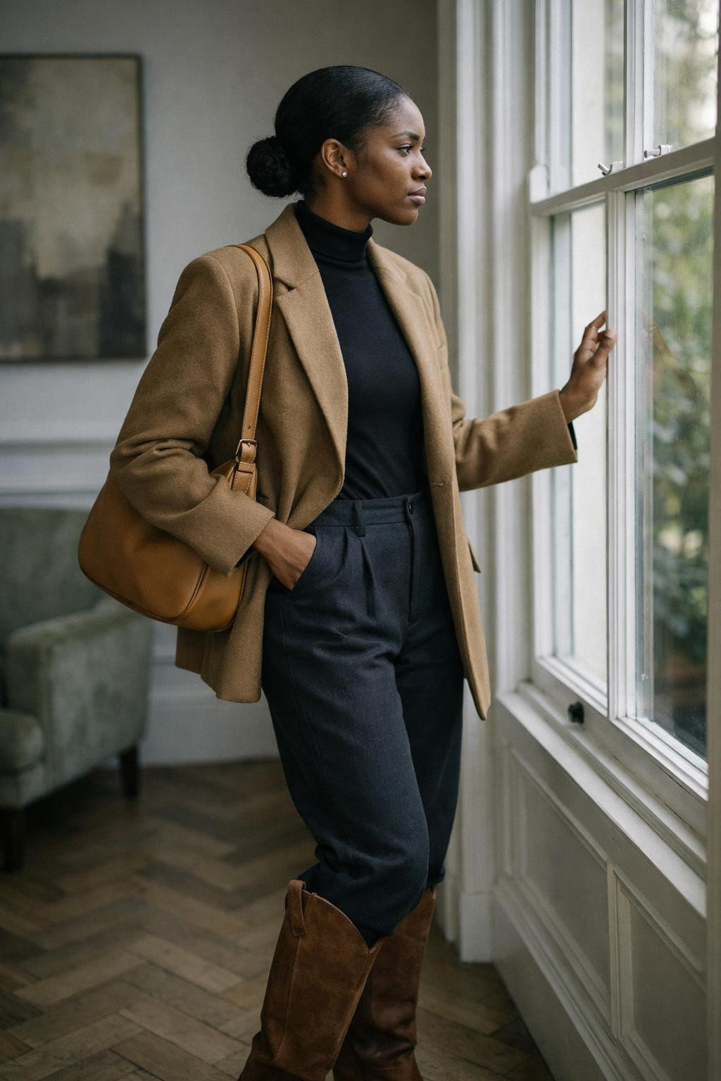Brown cowboy boots outfit with brown suede boots and camel wool blazer coat