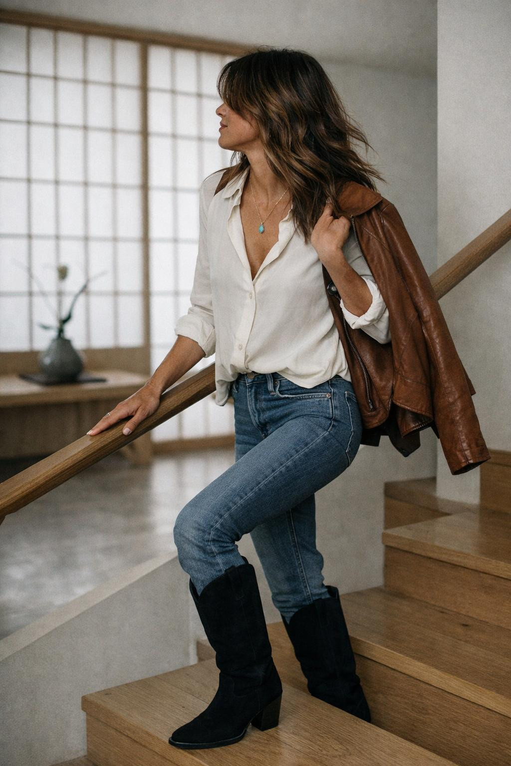 Brown cowboy boots outfit with black suede Isabel Marant boots and ivory silk blouse