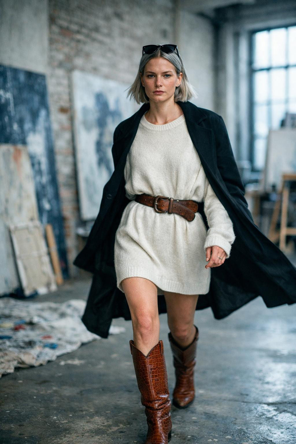 Brown cowboy boots outfit with cognac croc-embossed boots and oversized sweater dress