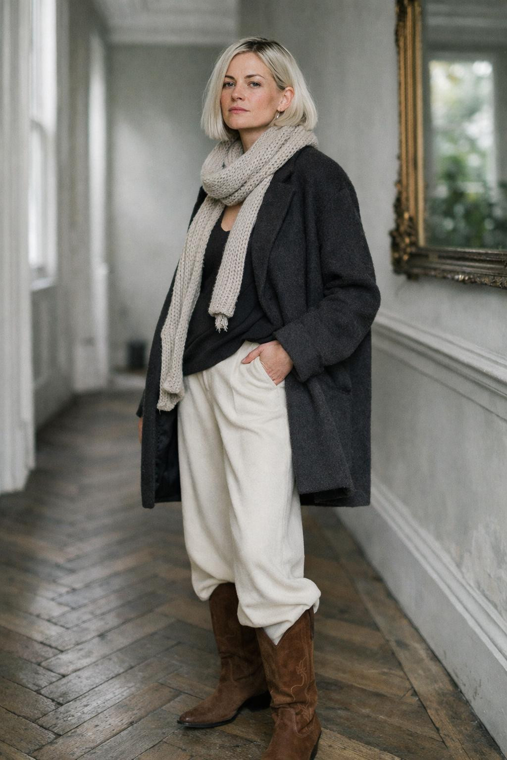 Brown cowboy boots outfit with brown suede boots and cream wool trousers