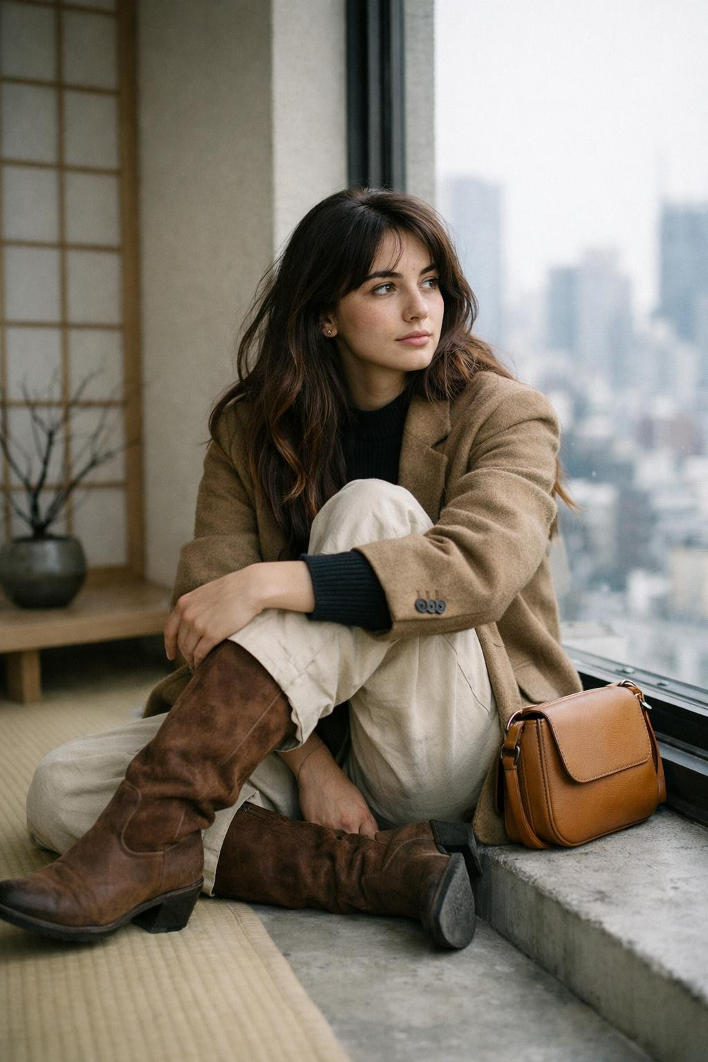 Brown cowboy boots outfit with brown suede boots and camel wool blazer