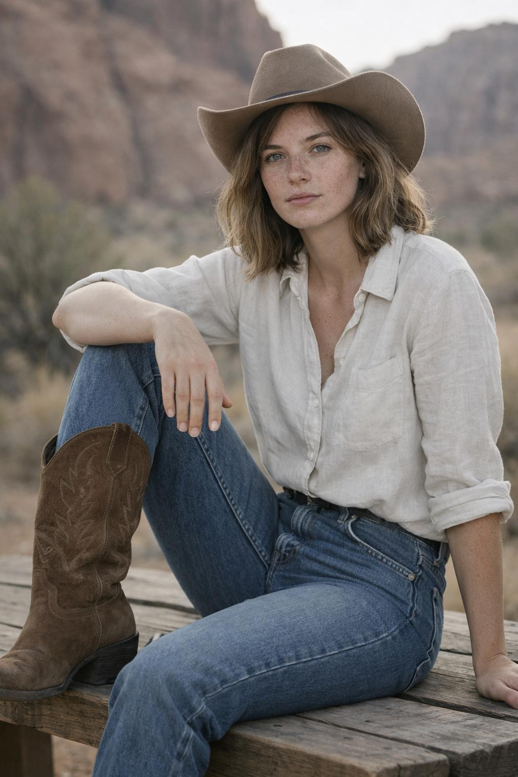 Brown cowboy boots outfit with suede boots and cream linen shirt