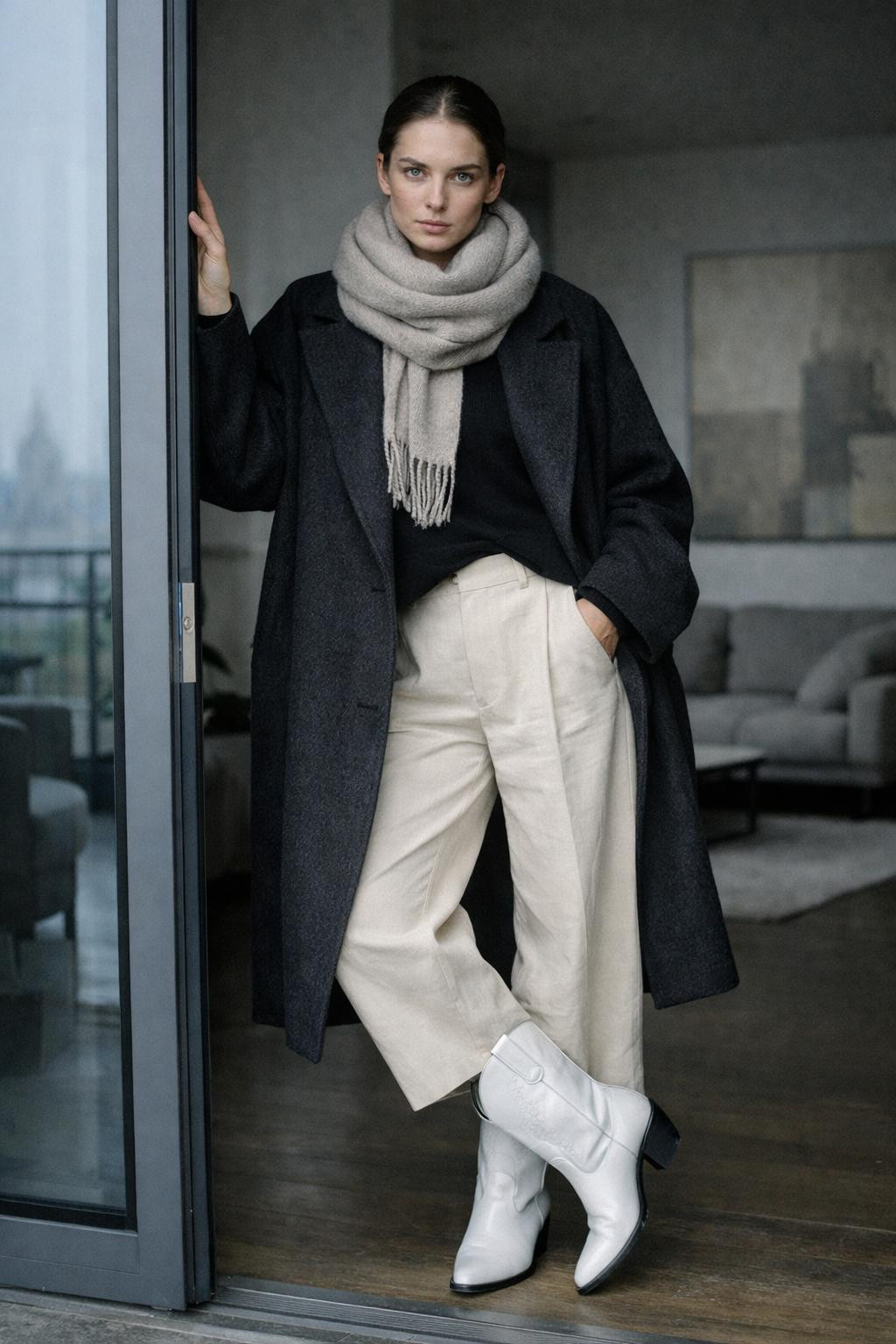 White cowboy boots outfit with charcoal coat and cream trousers