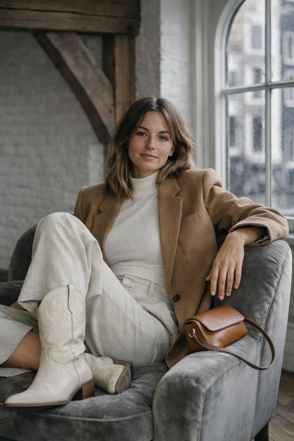 White cowboy boots outfit with trousers and structured blazer