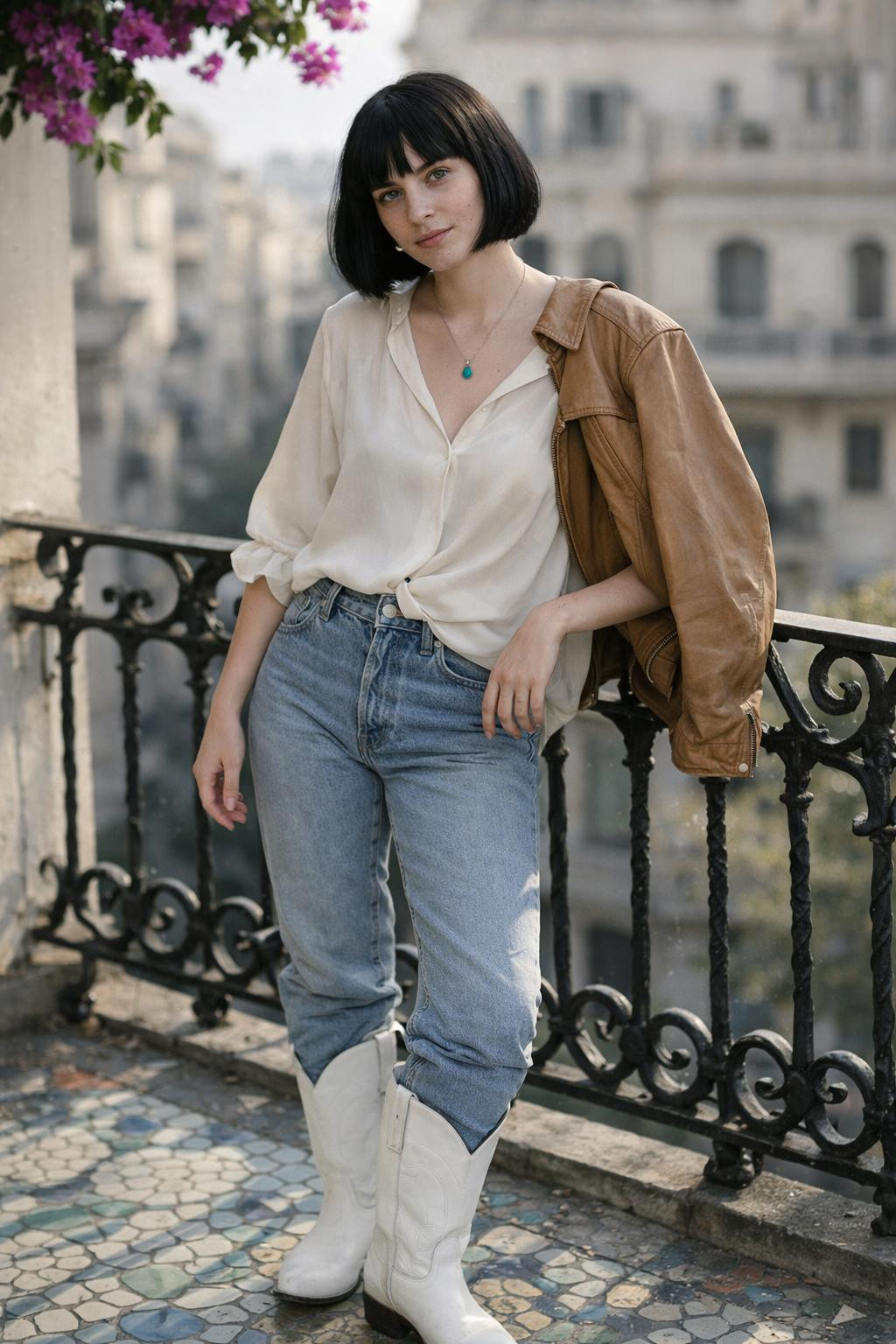 White cowboy boots outfit with silk blouse and straight-leg jeans