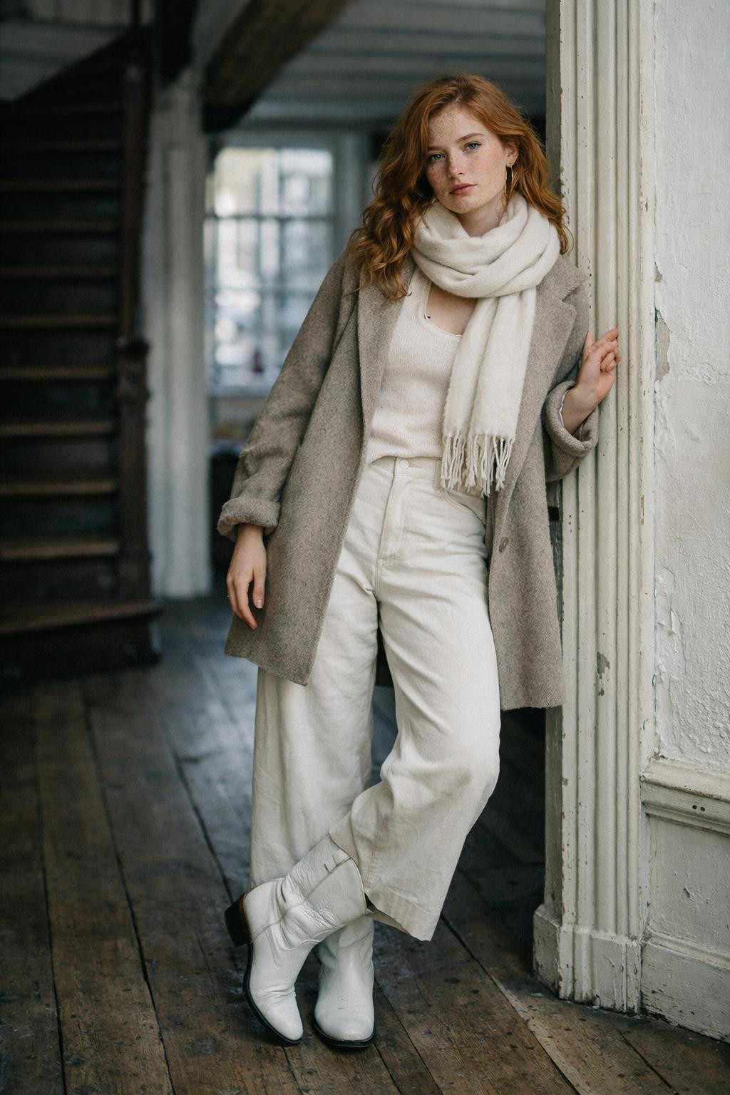 White cowboy boots outfit with wide-leg trousers and wool coat