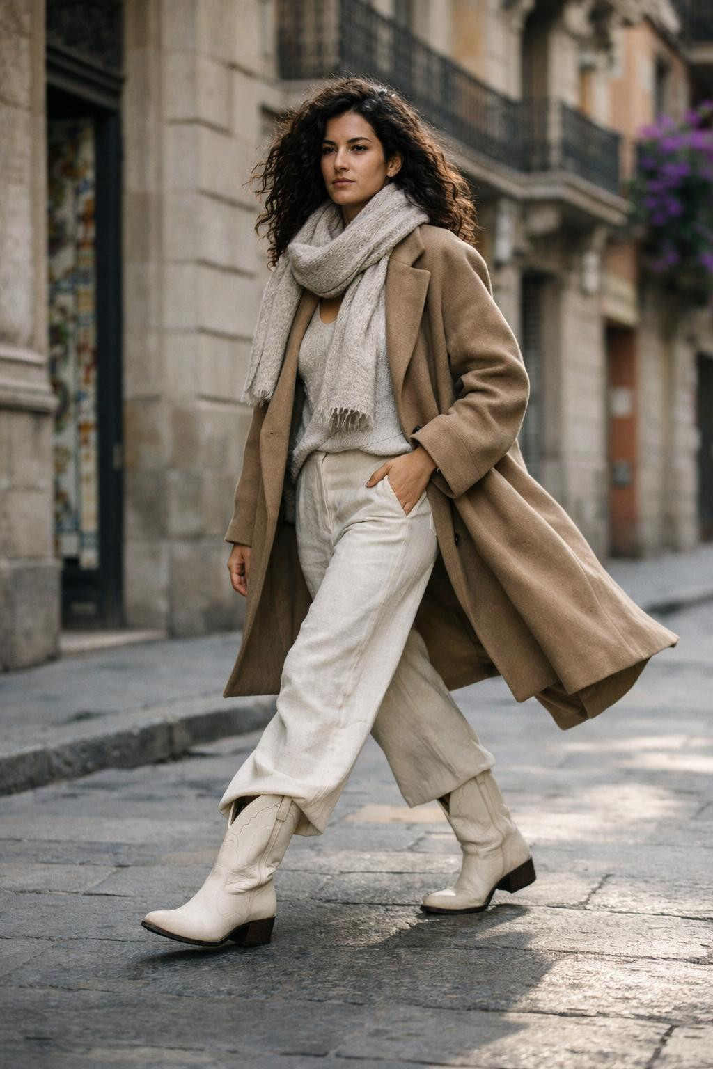 White cowboy boots outfit with flowing trousers and coat