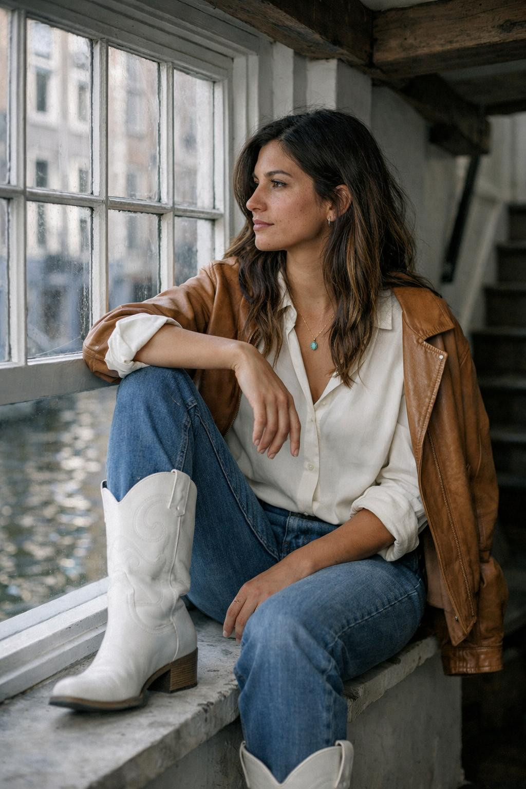 White cowboy boots outfit with silk blouse and jeans