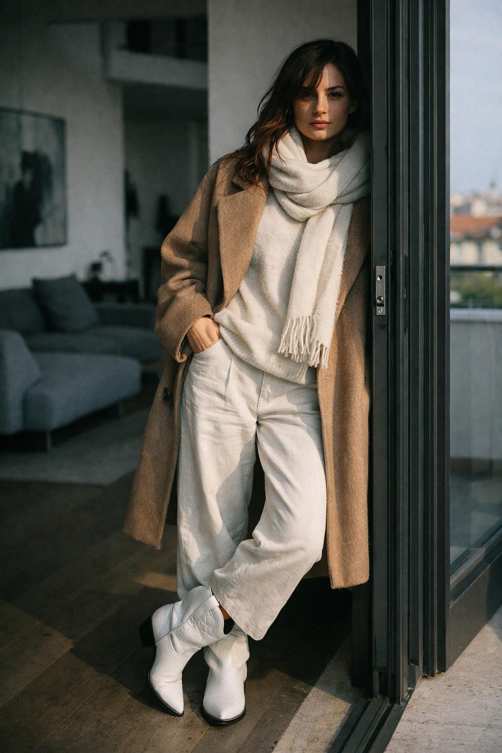 White cowboy boots outfit with wide-leg linen trousers