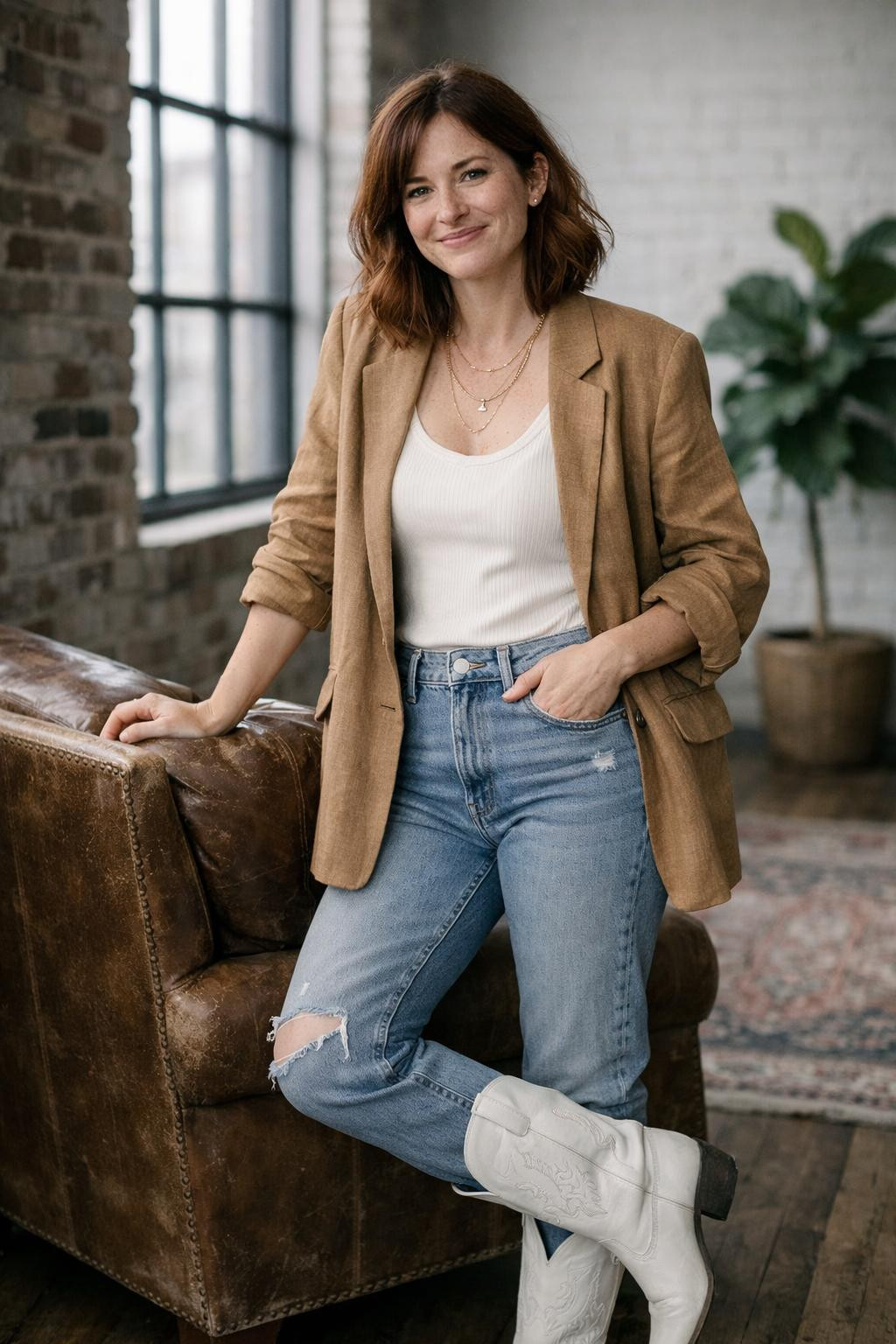 White cowboy boots outfit with cream tank and camel blazer