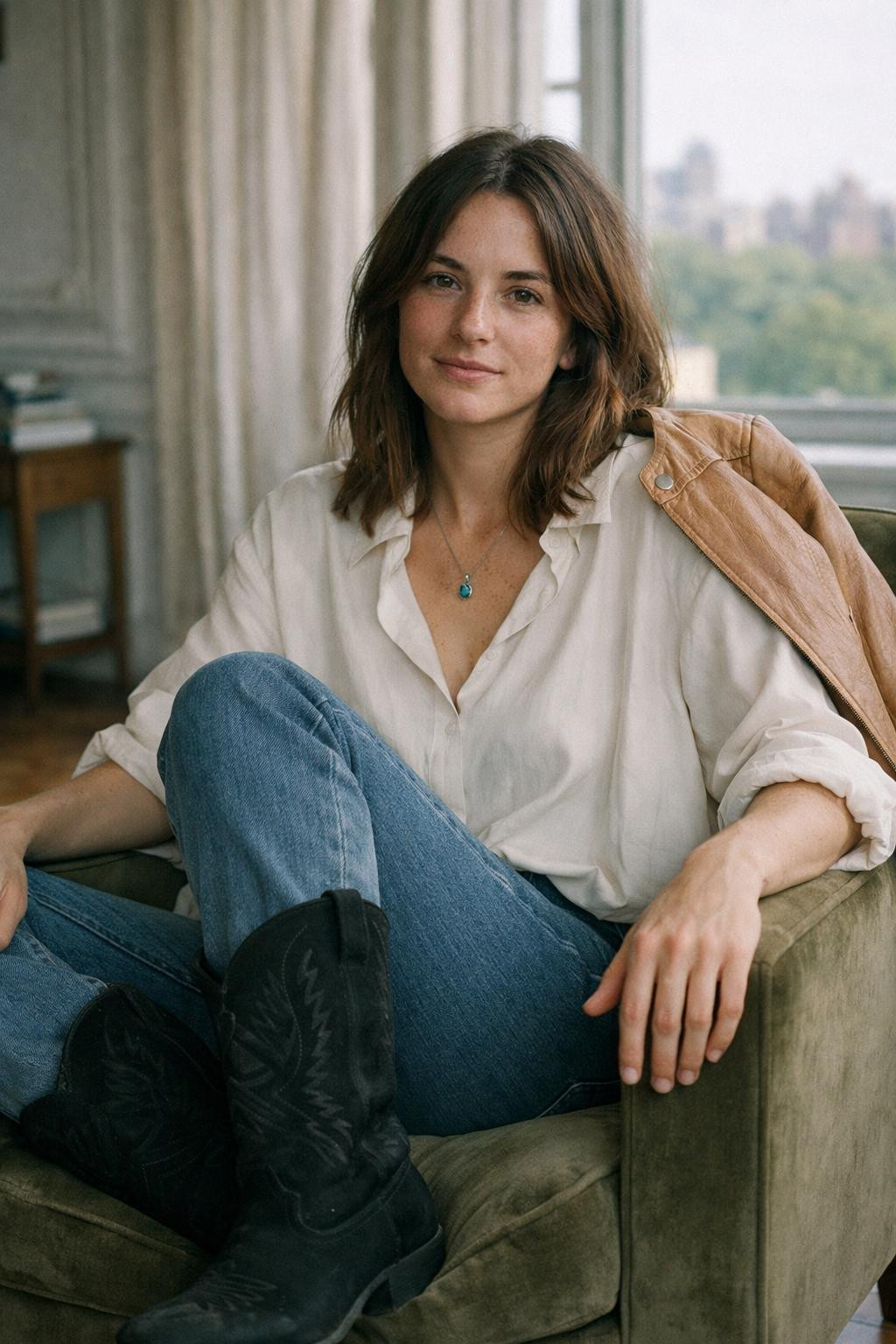 Short cowboy boots outfit with black suede boots and ivory silk shirt