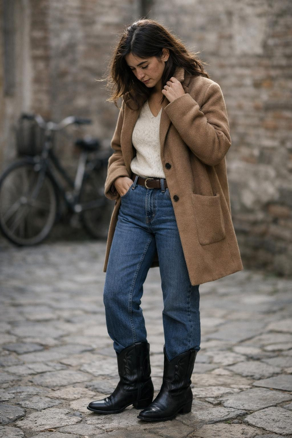 Short cowboy boots outfit styled with camel coat and straight-leg jeans