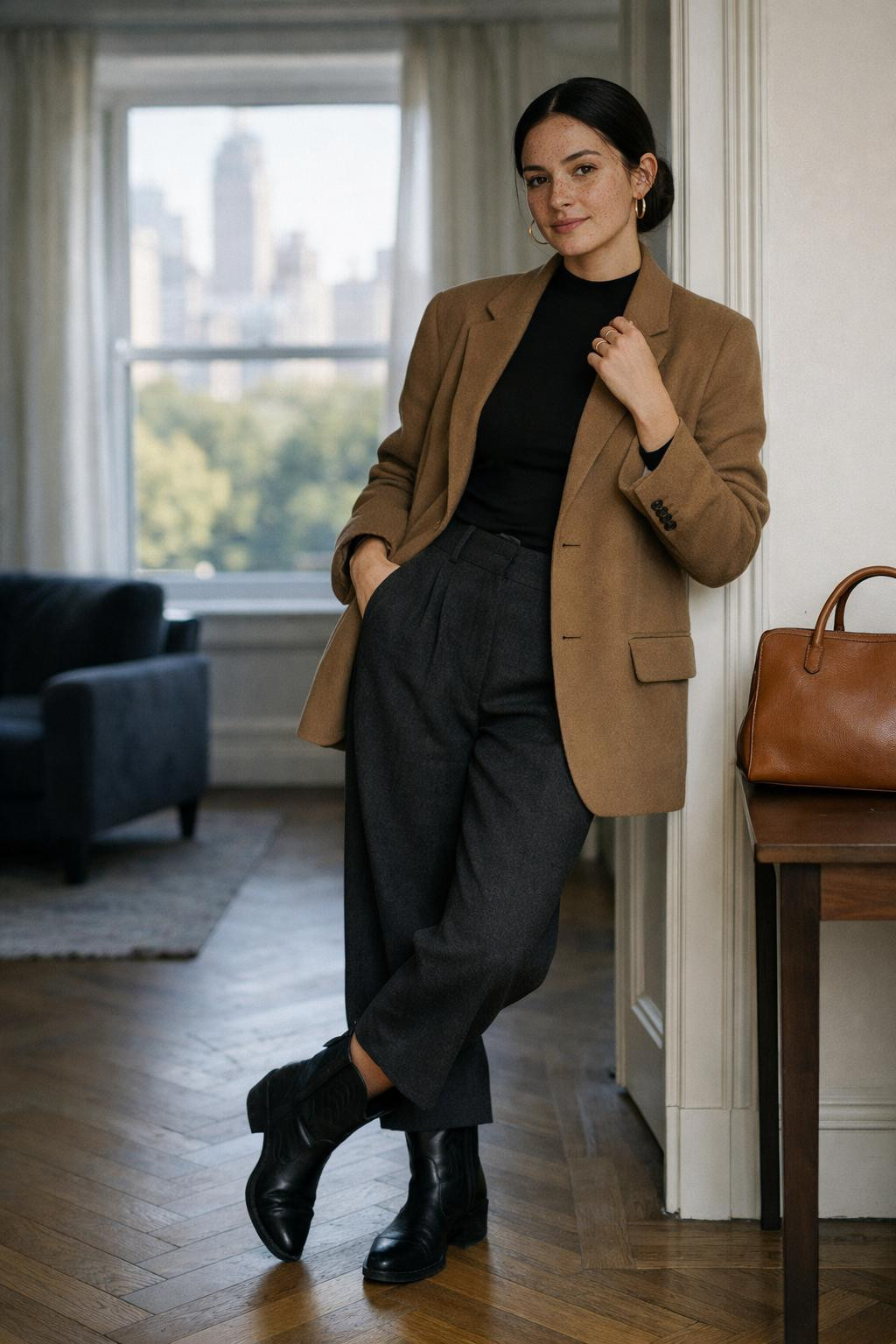 Short cowboy boots outfit featuring black ankle boots and camel wool blazer