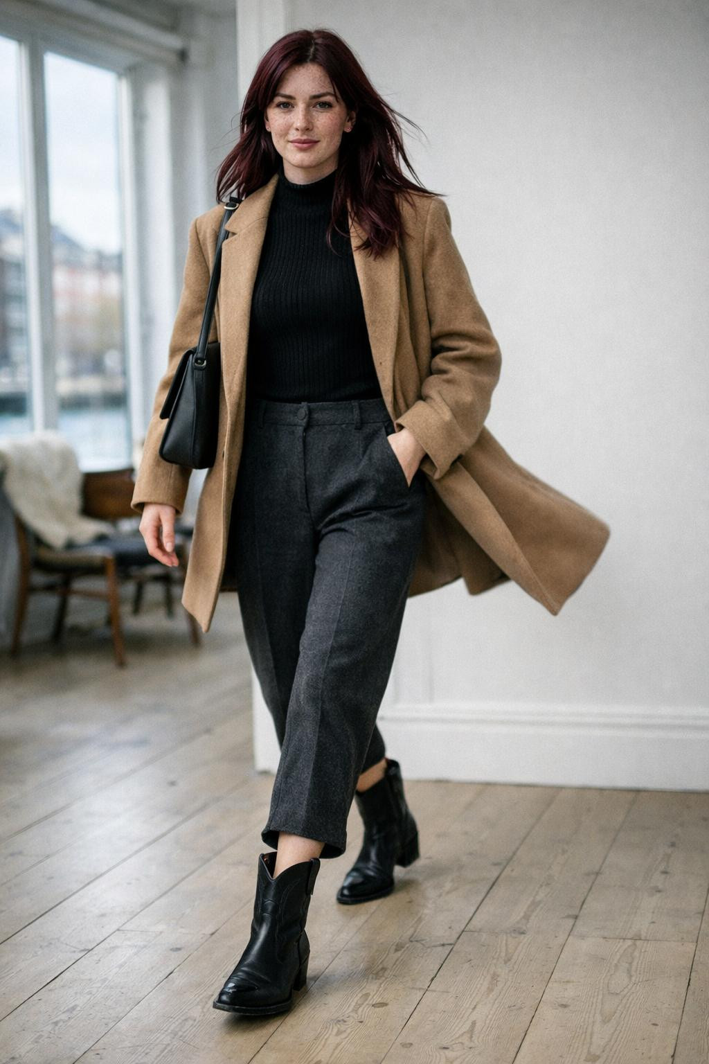 Short cowboy boots outfit featuring black leather boots and flowing camel coat